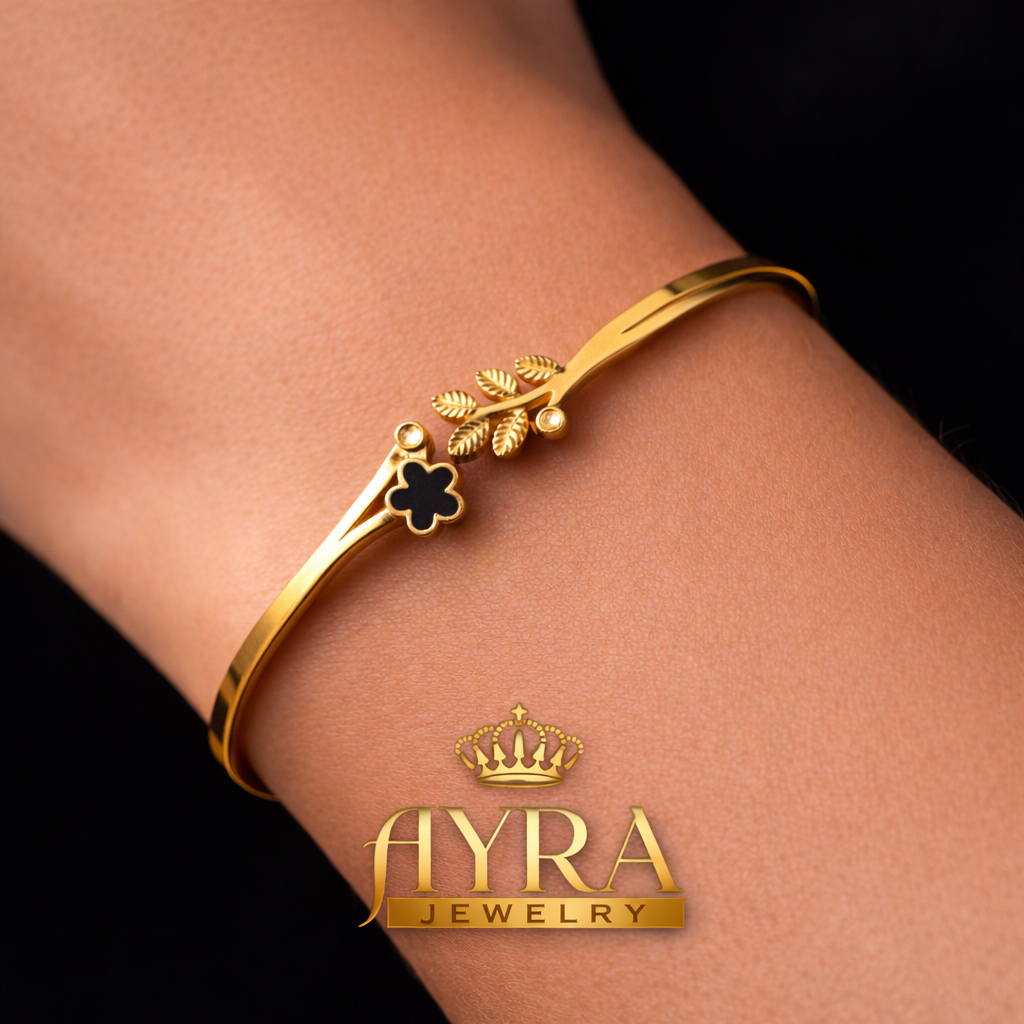 Gold Plated Stainless Steel Floral Bangle Bracelet