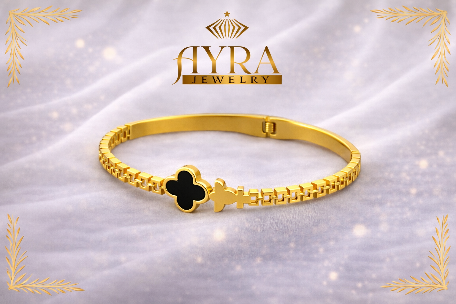 Golden Colored Stainless Steel Clover Cuff Bracelet