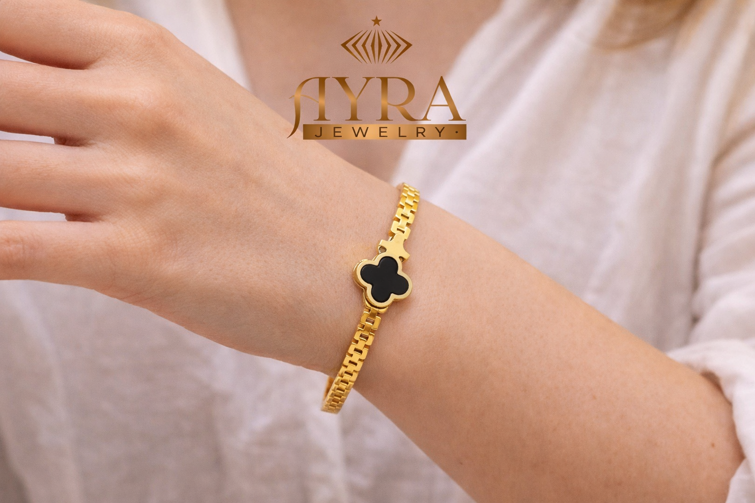 Golden Colored Stainless Steel Clover Cuff Bracelet