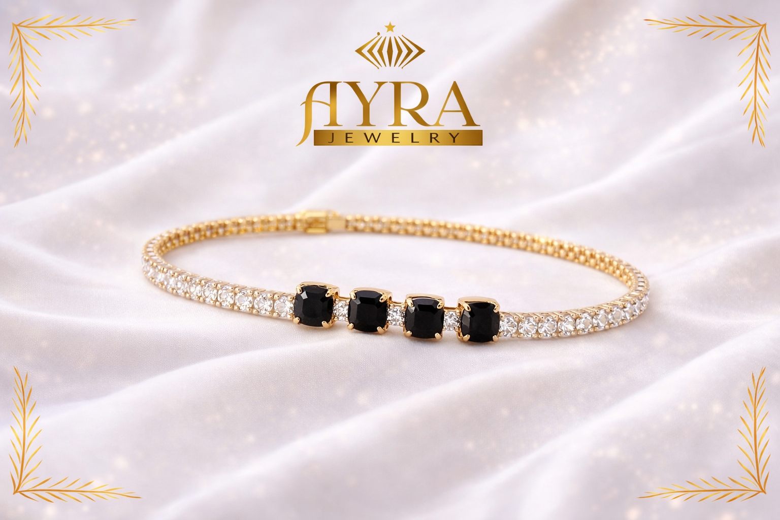 Clover Style Gold Toned Bracelet with Black Stones