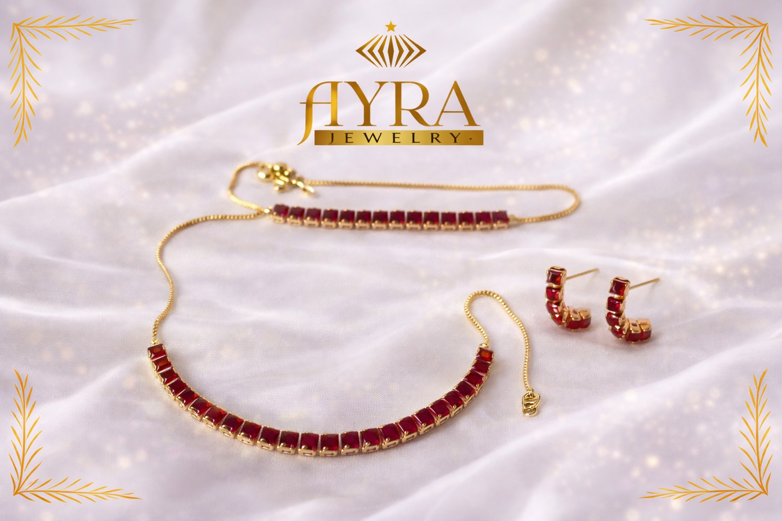 Gold Toned Red Crystal Jewelry Set