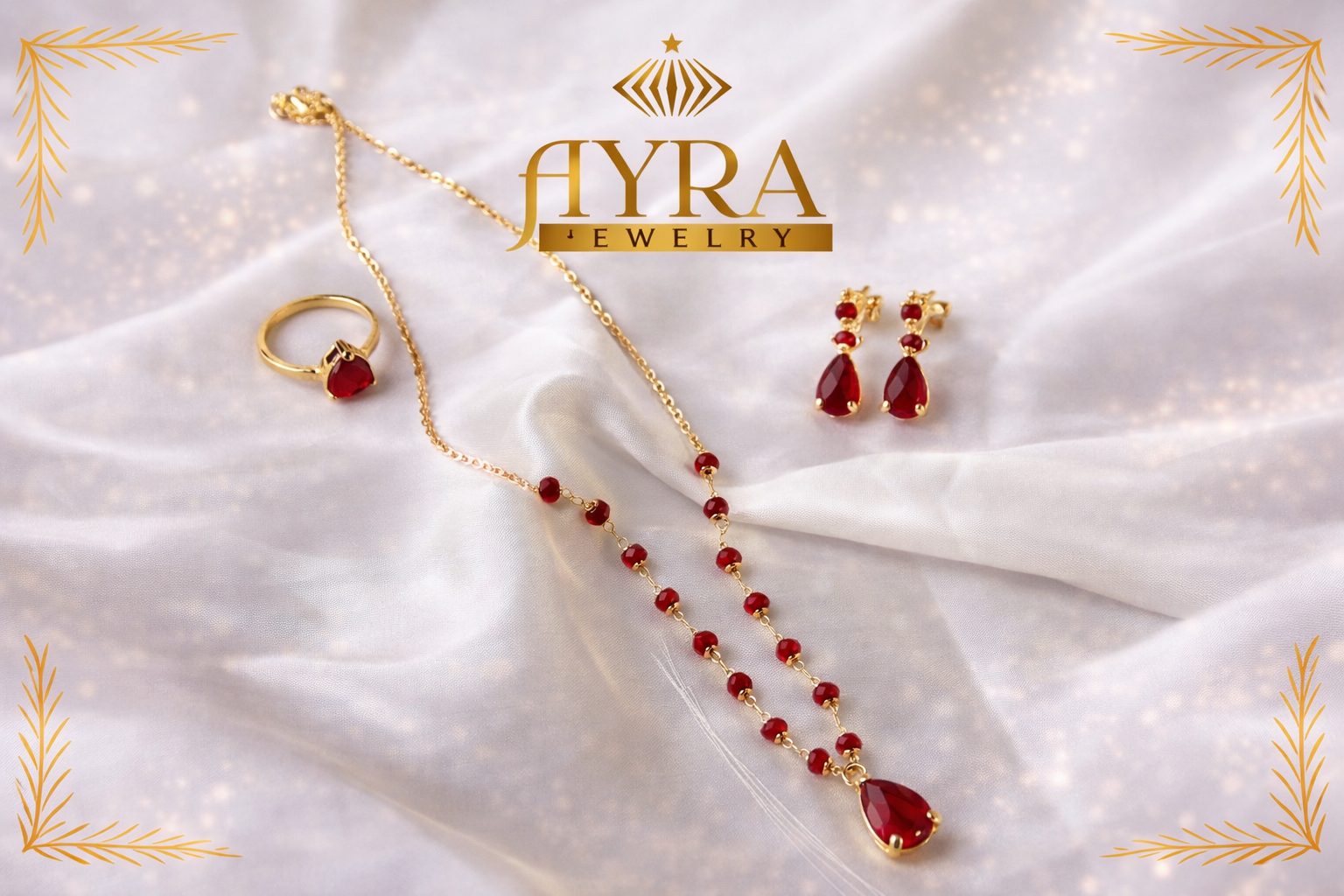Gold Toned Red Teardrop Jewelry Set