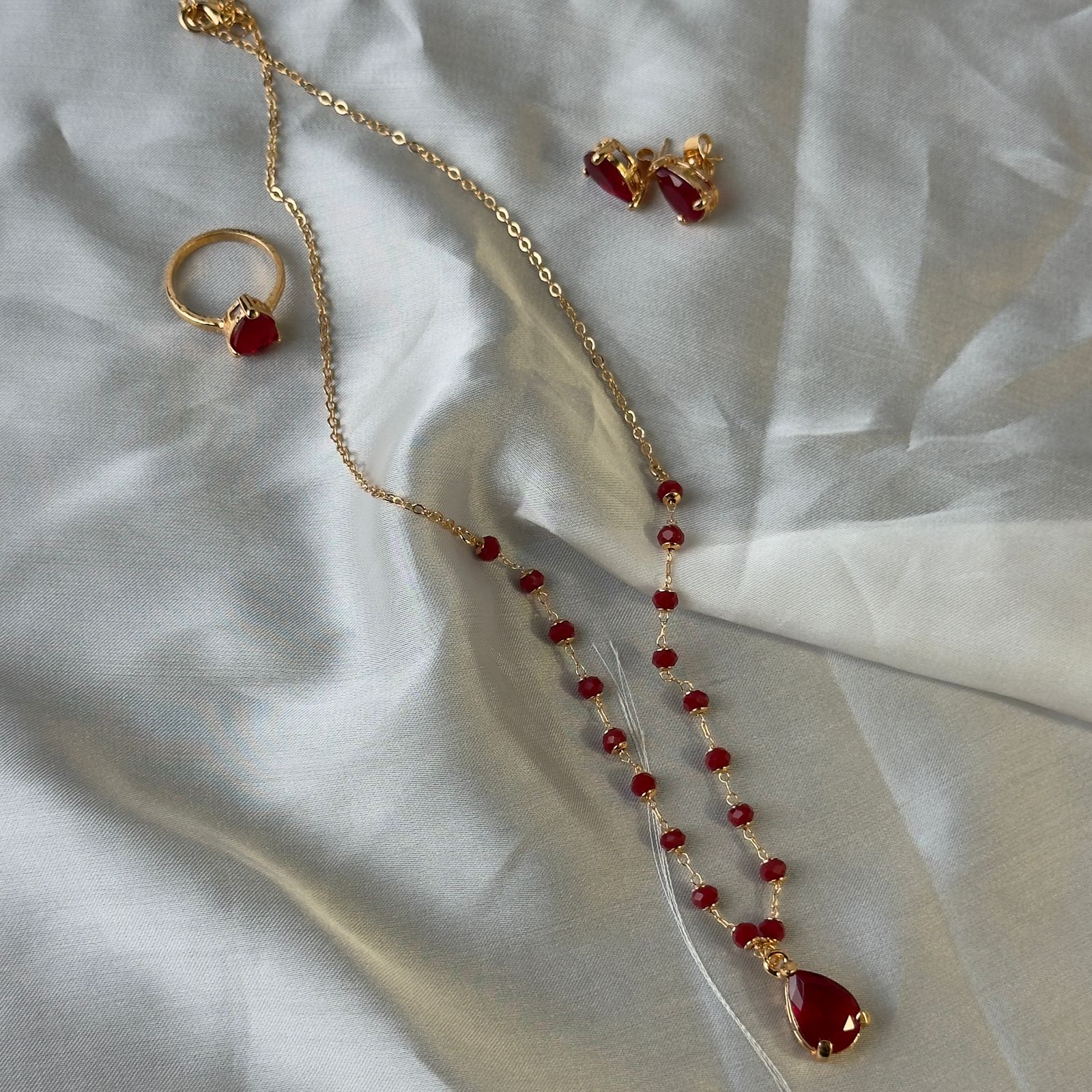 Gold Toned Red Teardrop Jewelry Set