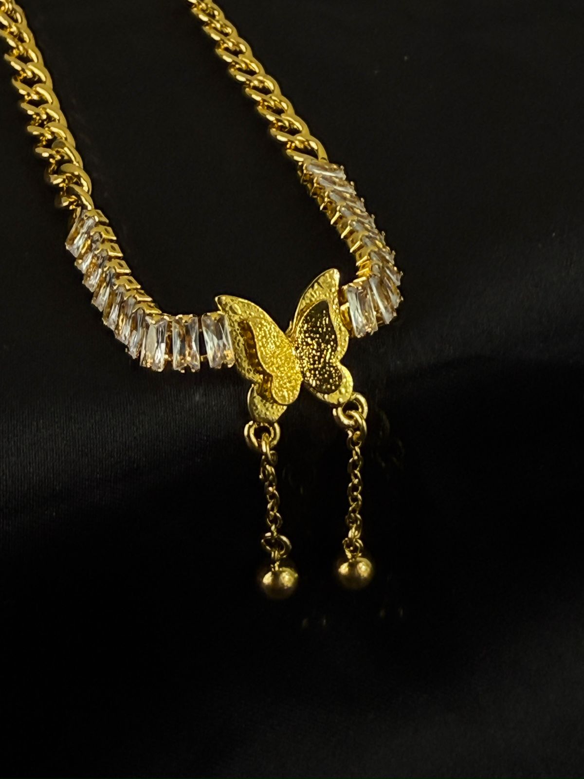 GoldPlated Butterfly Necklace with Crystals and Fringe