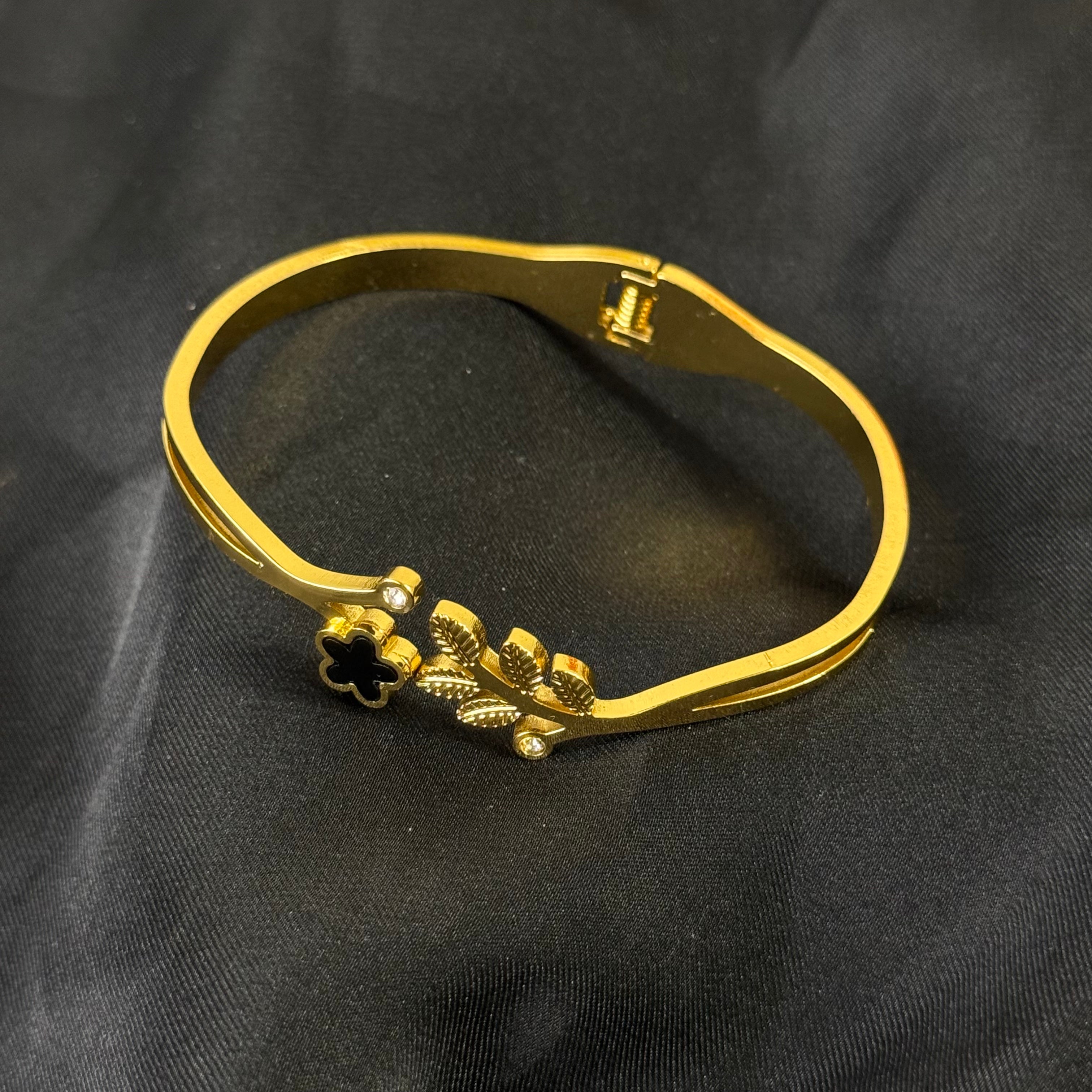 Gold Plated Stainless Steel Floral Bangle Bracelet