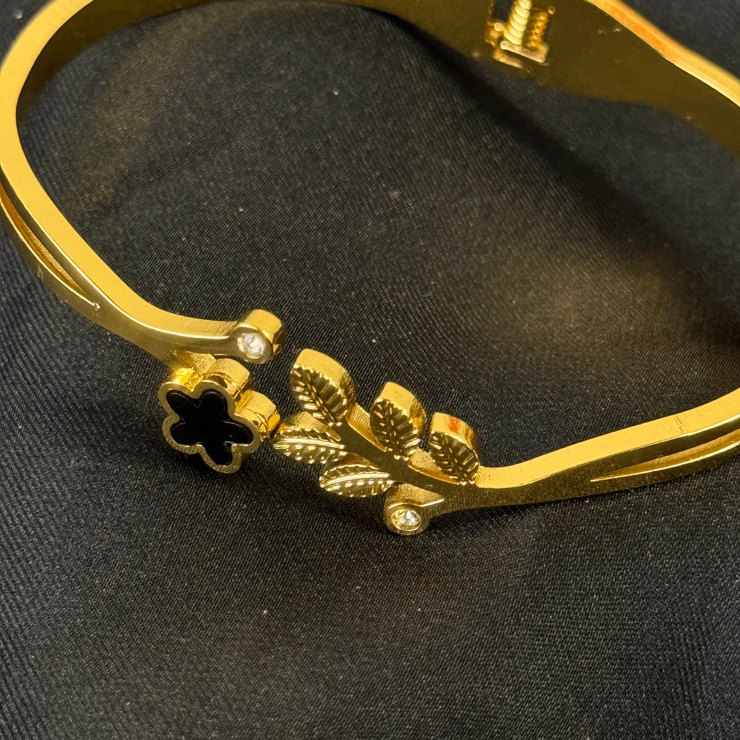Gold Plated Stainless Steel Floral Bangle Bracelet