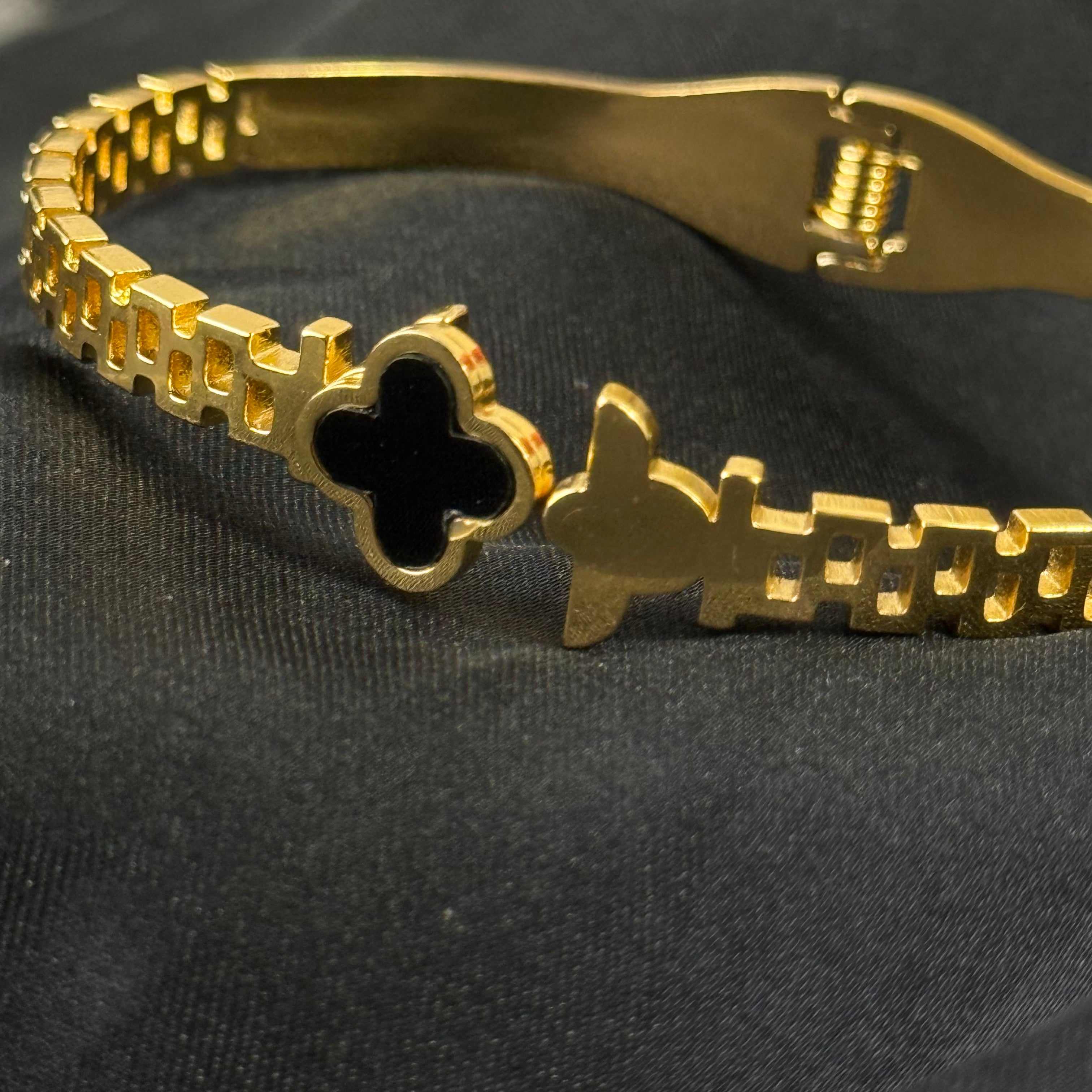 Golden Colored Stainless Steel Clover Cuff Bracelet